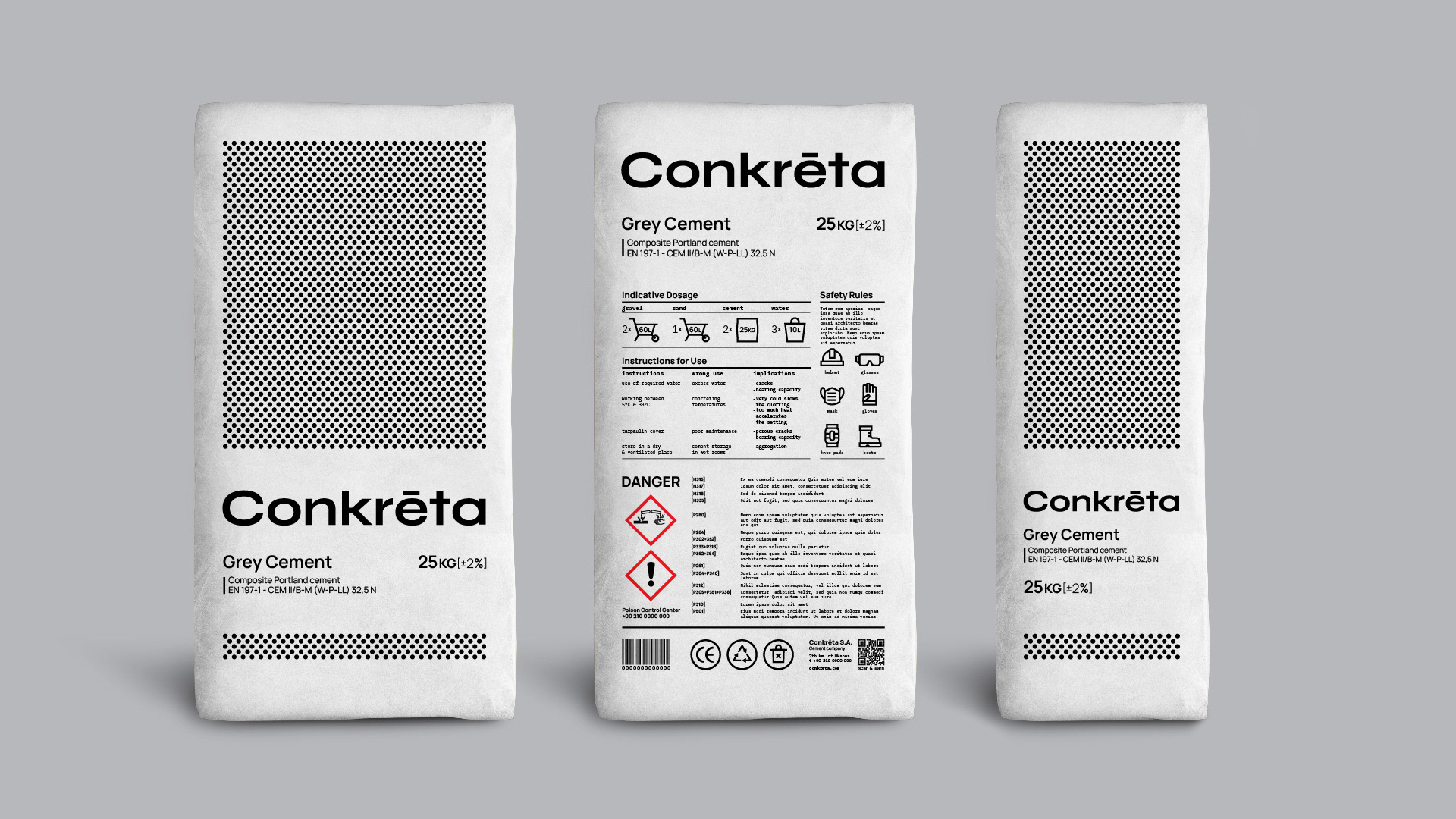 Conkreta cement packaging design showing front, back and side