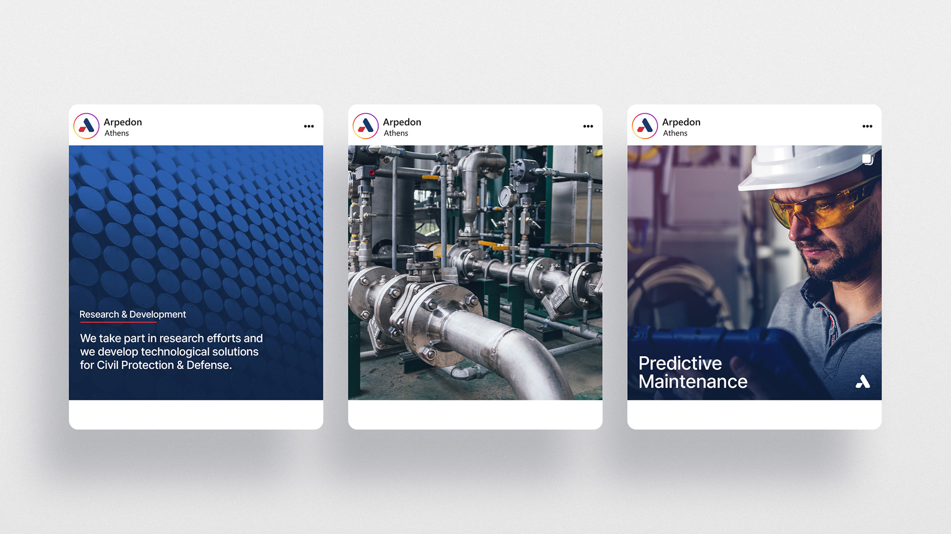 Social media posts in the brand identity of Arpedon, an engineering industry 4.0 company in Greece.