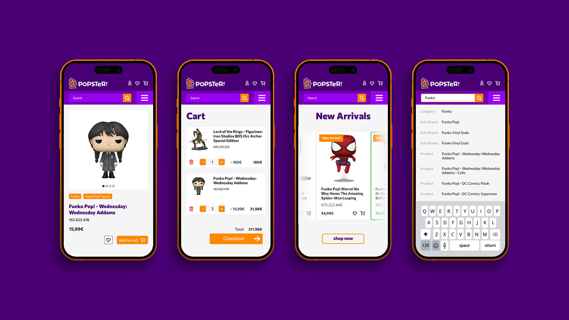 Four mobile screens showcasing the responsive e-shop design of popster. The screens show the product page, cart, new arrivals and search.