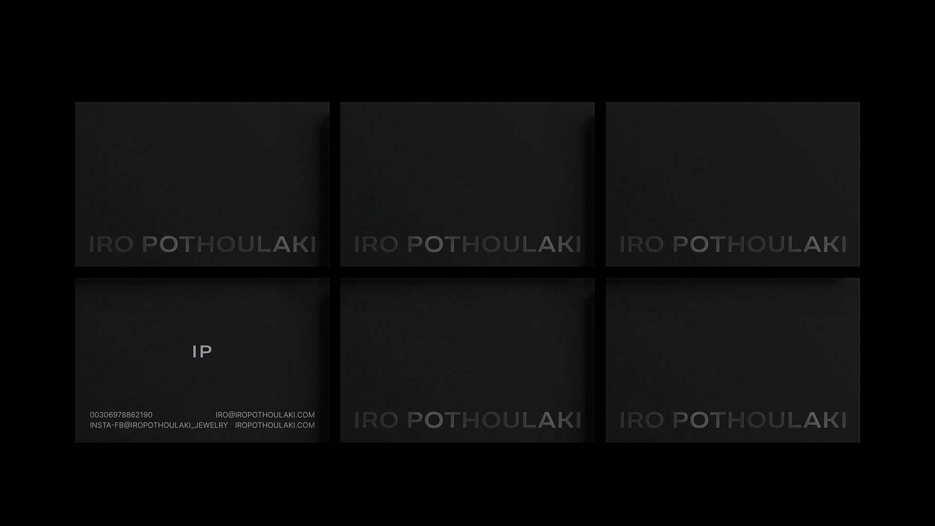 Iro Pothoulaki silver 925 jewelry two sided black business card design with black uv on one side and silver ink on the other