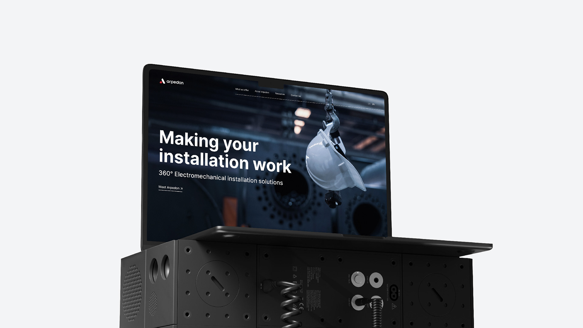 Landing homepage on the desktop website of Arpedon, an engineering industry 4.0 company in Greece. The landing page features a hero section with an image and a title.