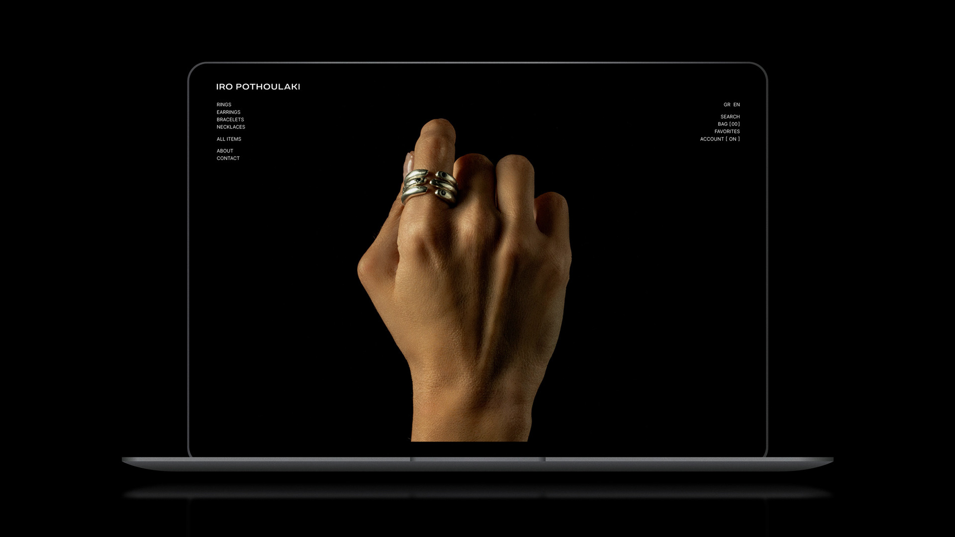 Iro Pothoulaki silver 925 jewelry responsive desktop website design showing the hero section.