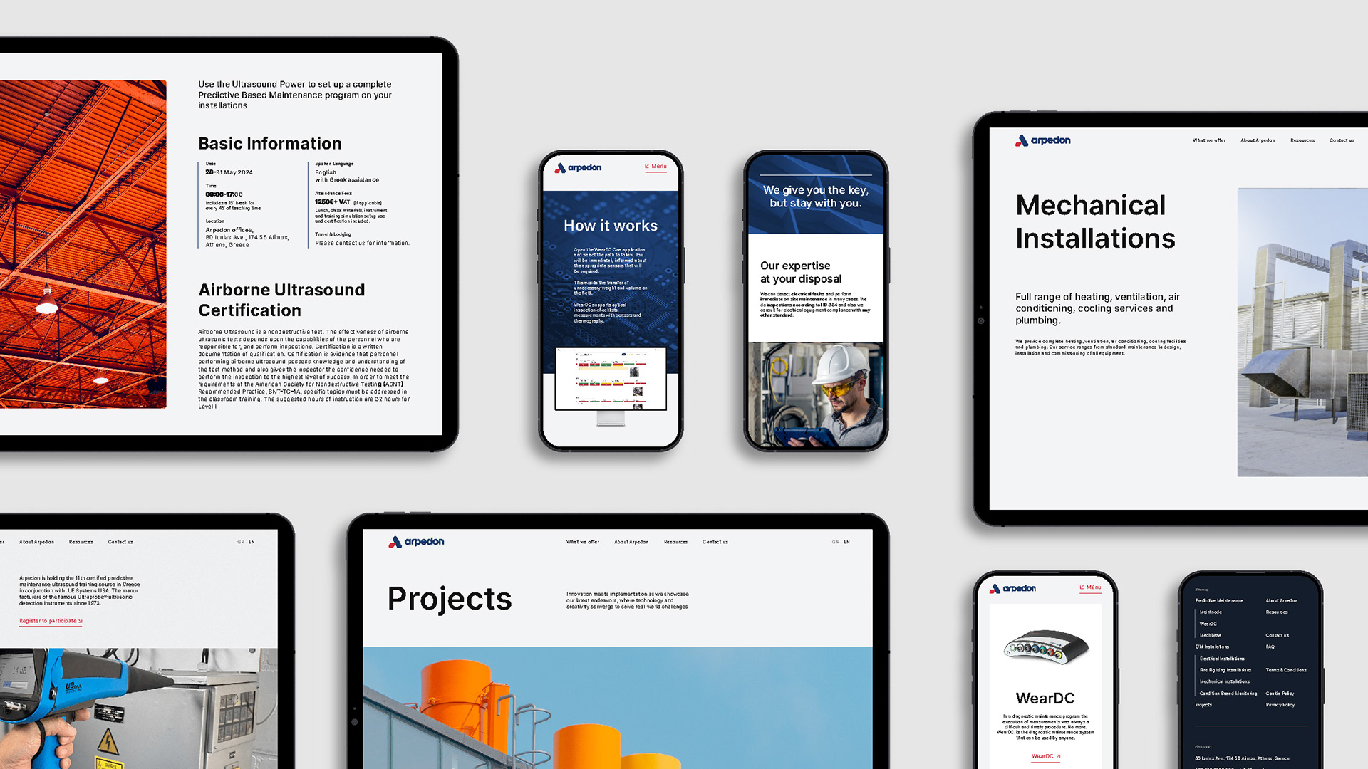 Various devices showcasing the website of Arpedon, an engineering industry 4.0 company in Greece. The devices show a different page each to highlight website consistency across pages.