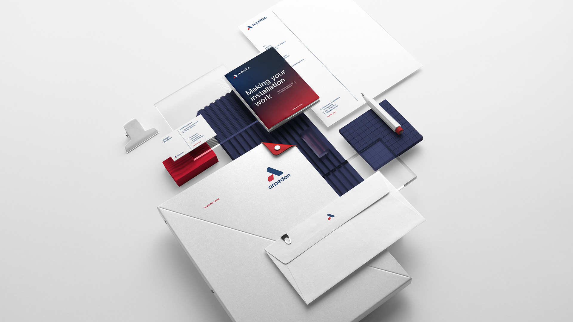 Stationery system of Arpedon, an engineering industry 4.0 company in Greece. The application include a two sided business card, letterhead, envelope, notebook and folder. All are designed in the Arpedon brand colors and feature the Inter typeface alongside lines used as a design element.