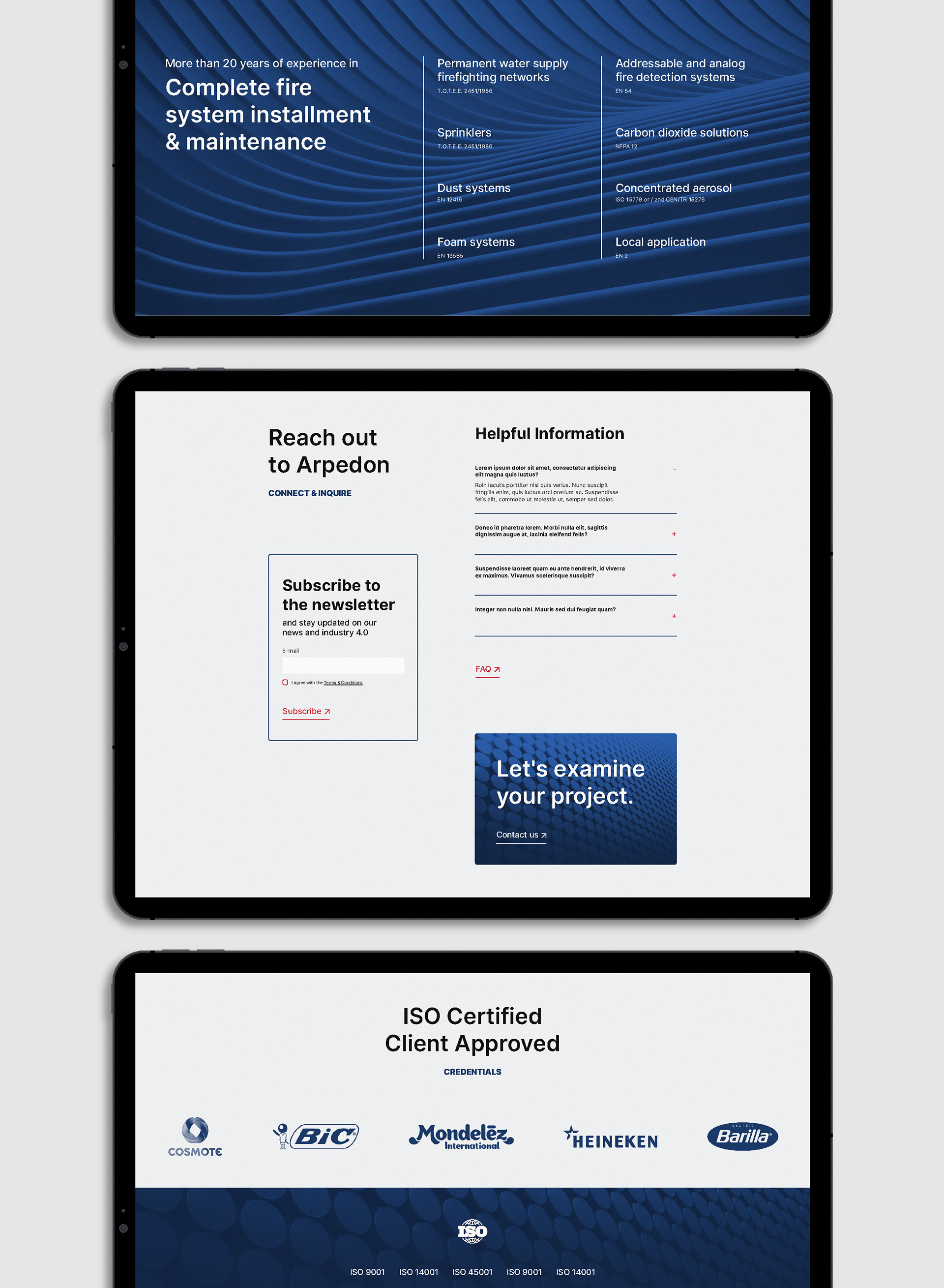 Three tablets showcasing the website design of Arpedon, an engineering industry 4.0 company in Greece. All three tablets showcase how duotone images are used as supportive graphics. They also showcase layout and typography of the website.