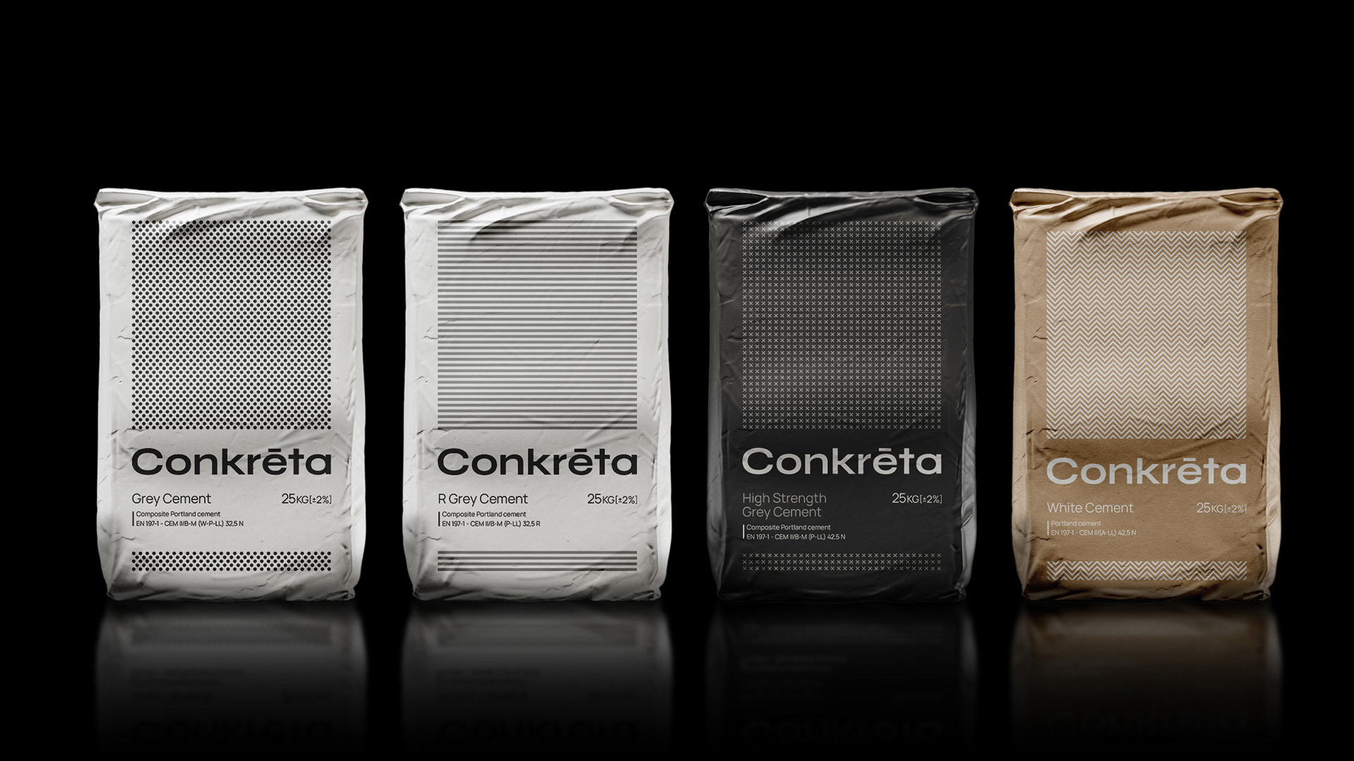 Concreta cement packaging range which includes grey, R grey, high strength and white cement. All four packages show their front label. The two first are white and contain grey cement. The third one is black and contains high strength cement. The third is made of kraft paper and contains white cement. All packages feature the brand patterns, logo and title.