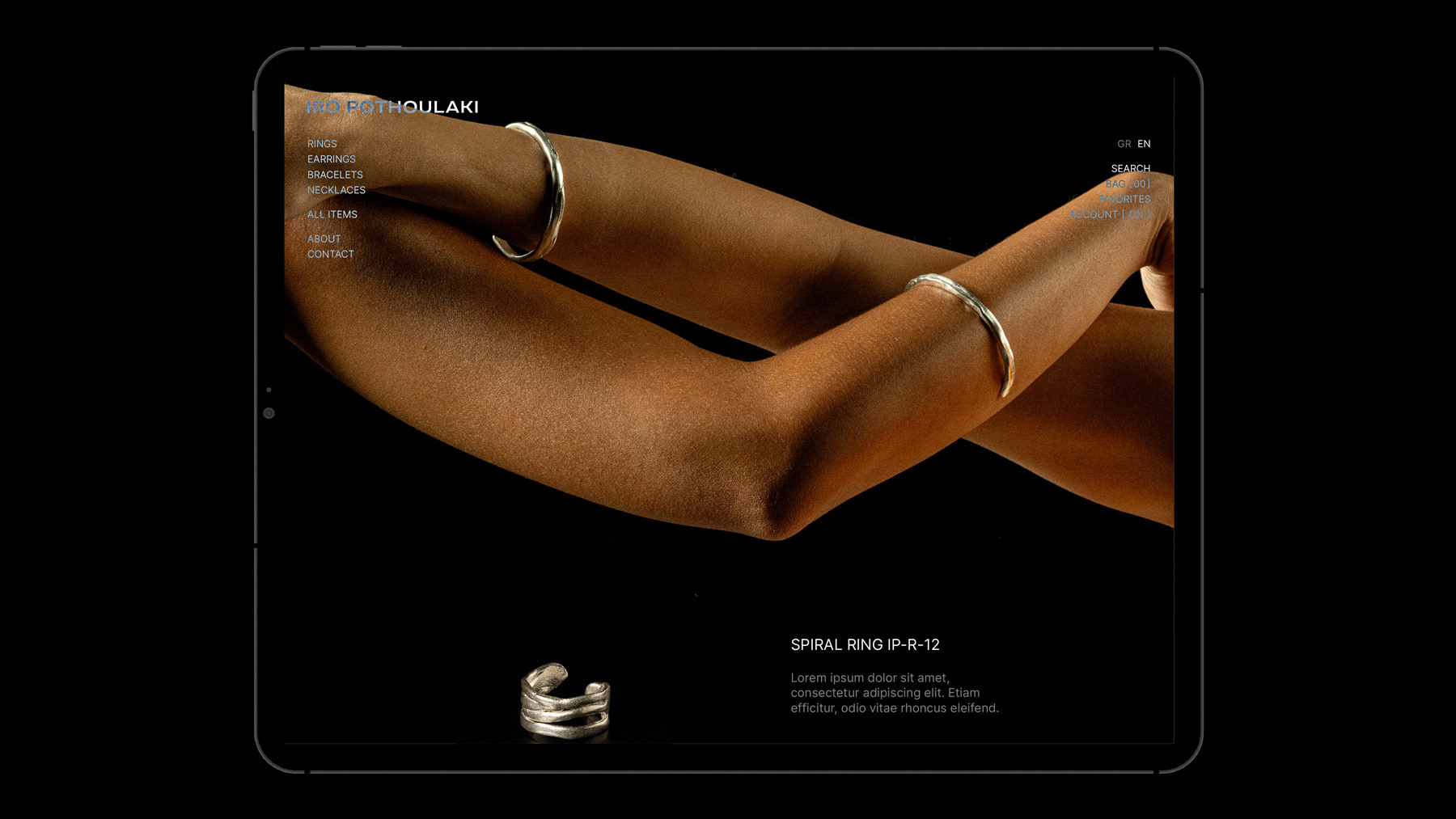 Iro Pothoulaki silver 925 jewelry responsive tablet website design showing the homepage