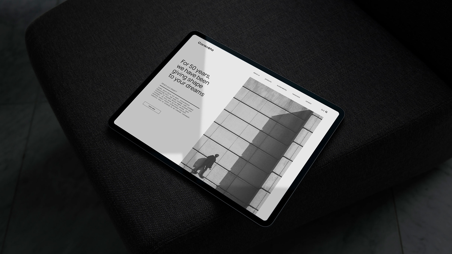 Conkreta website design on a tablet, showing the homepage hero section.