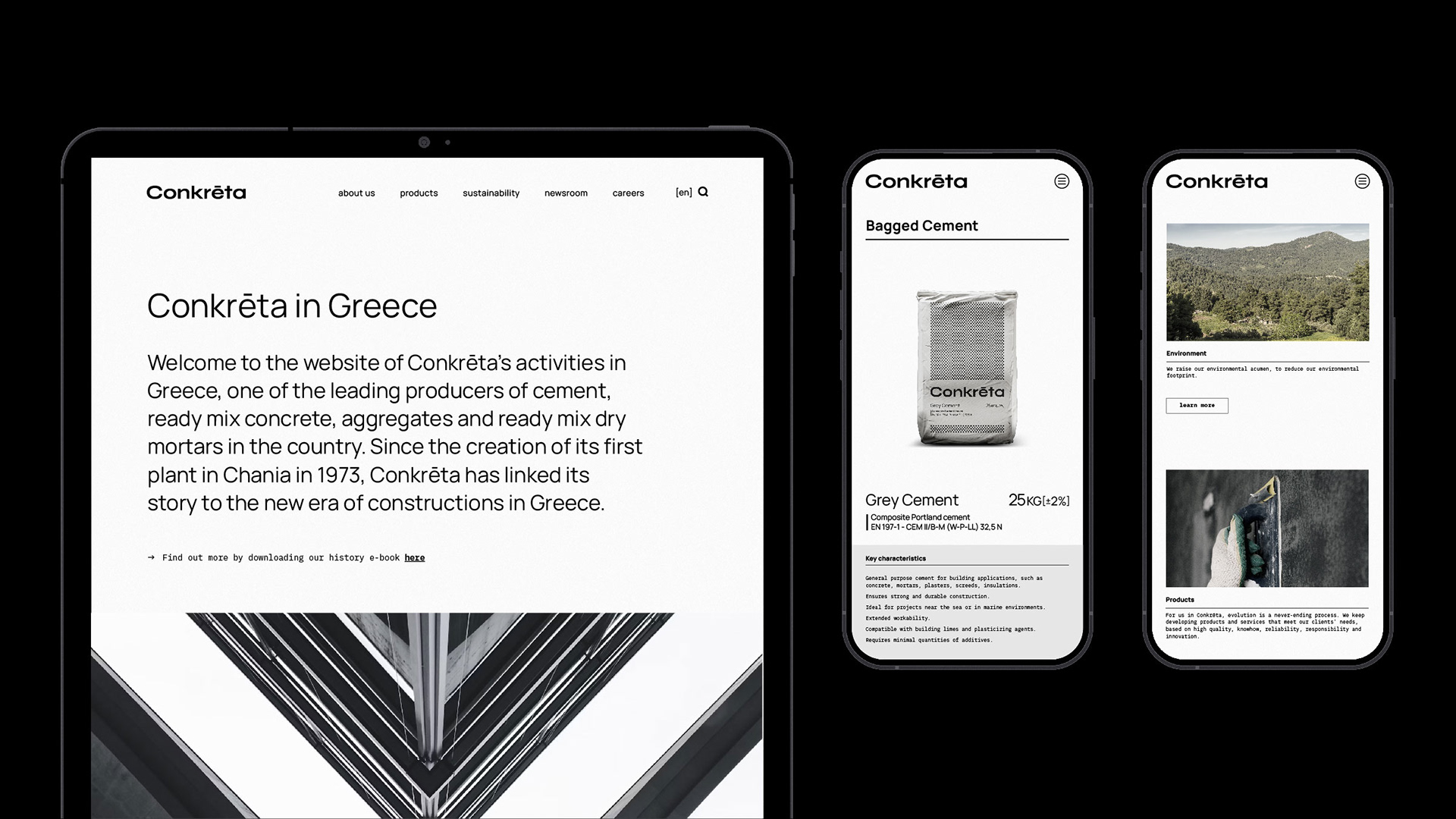 Conkreta responsive website showcased on a tablet and two mobile devices.