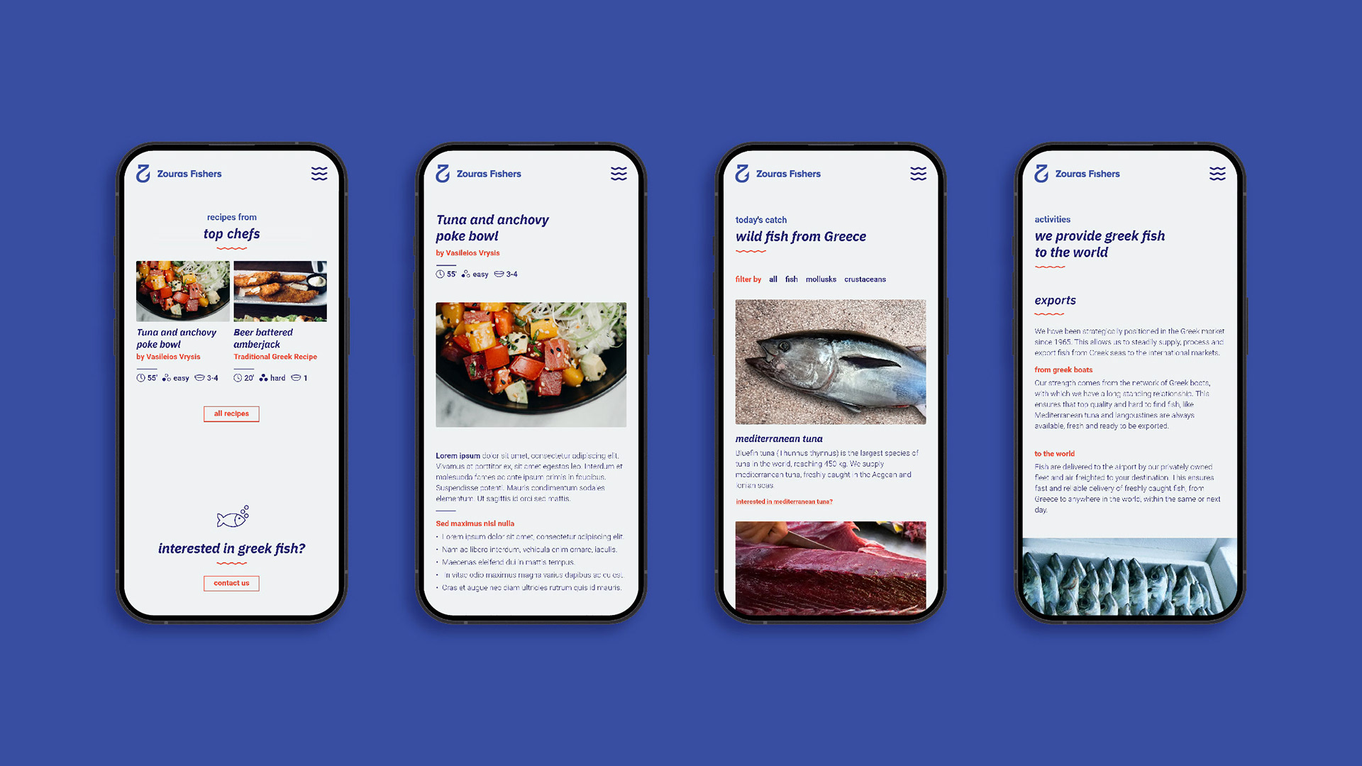 Zouras Fishers wild fish trader mobile website design, showcasing 4 different pages. The homepages, recipe page, fish and about us.