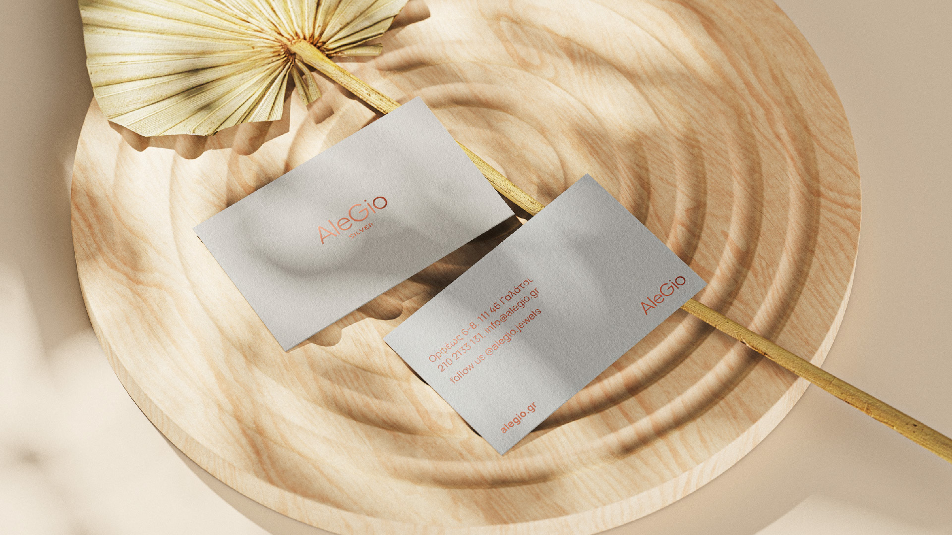 AleGio silver jewelry business cards. The typography and logo are in bronze foil and the paper is beige. The cards sit on a wooden table along a beige plant.