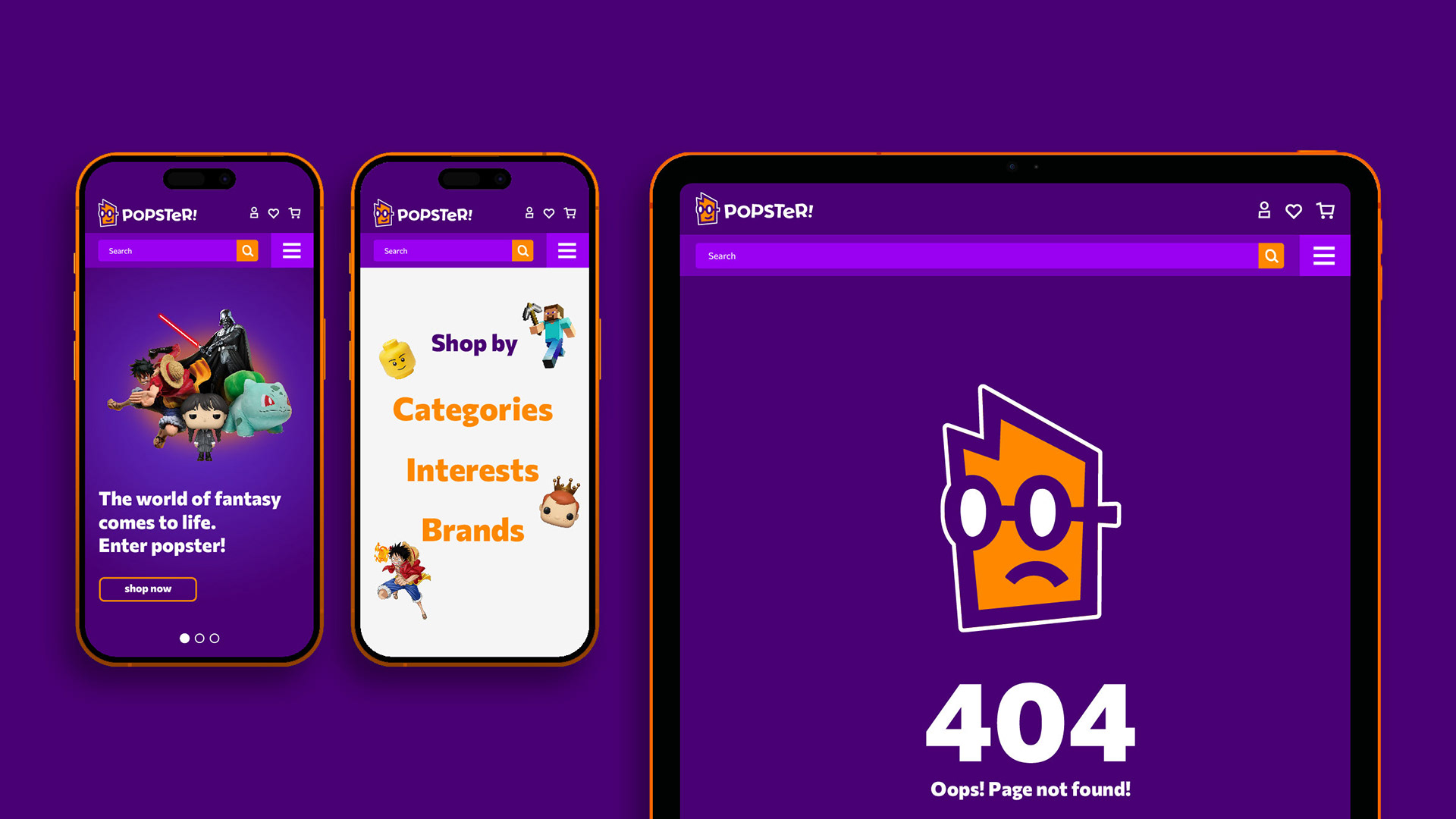 Mobile e-commerce website of popster showing the hero section design and category selection section in the homepage. The two mobile devices sit next to a tablet showing the 404 page that features the popster symbol as sad.