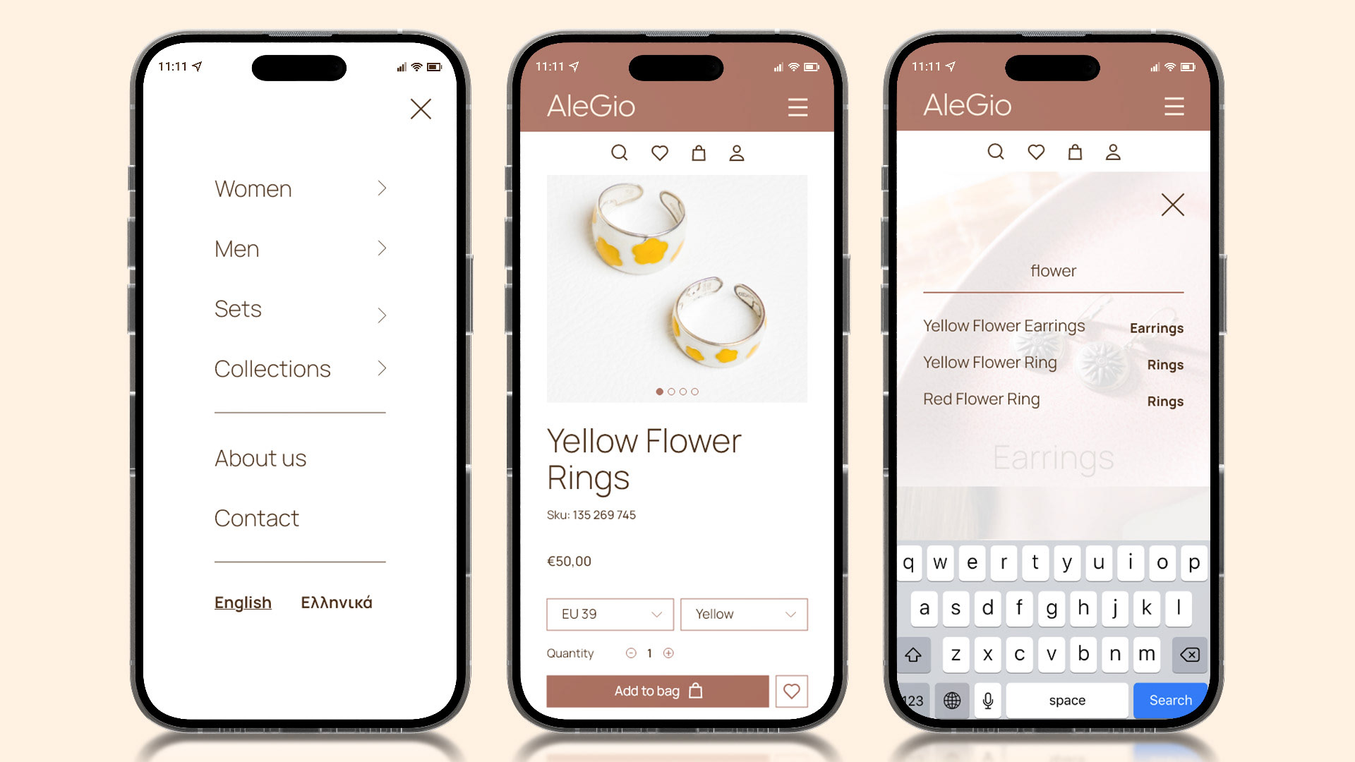AleGio silver jewelry responsive e-commerce website design, showcased on three mobile screens. The screens show the menu, product and search results.