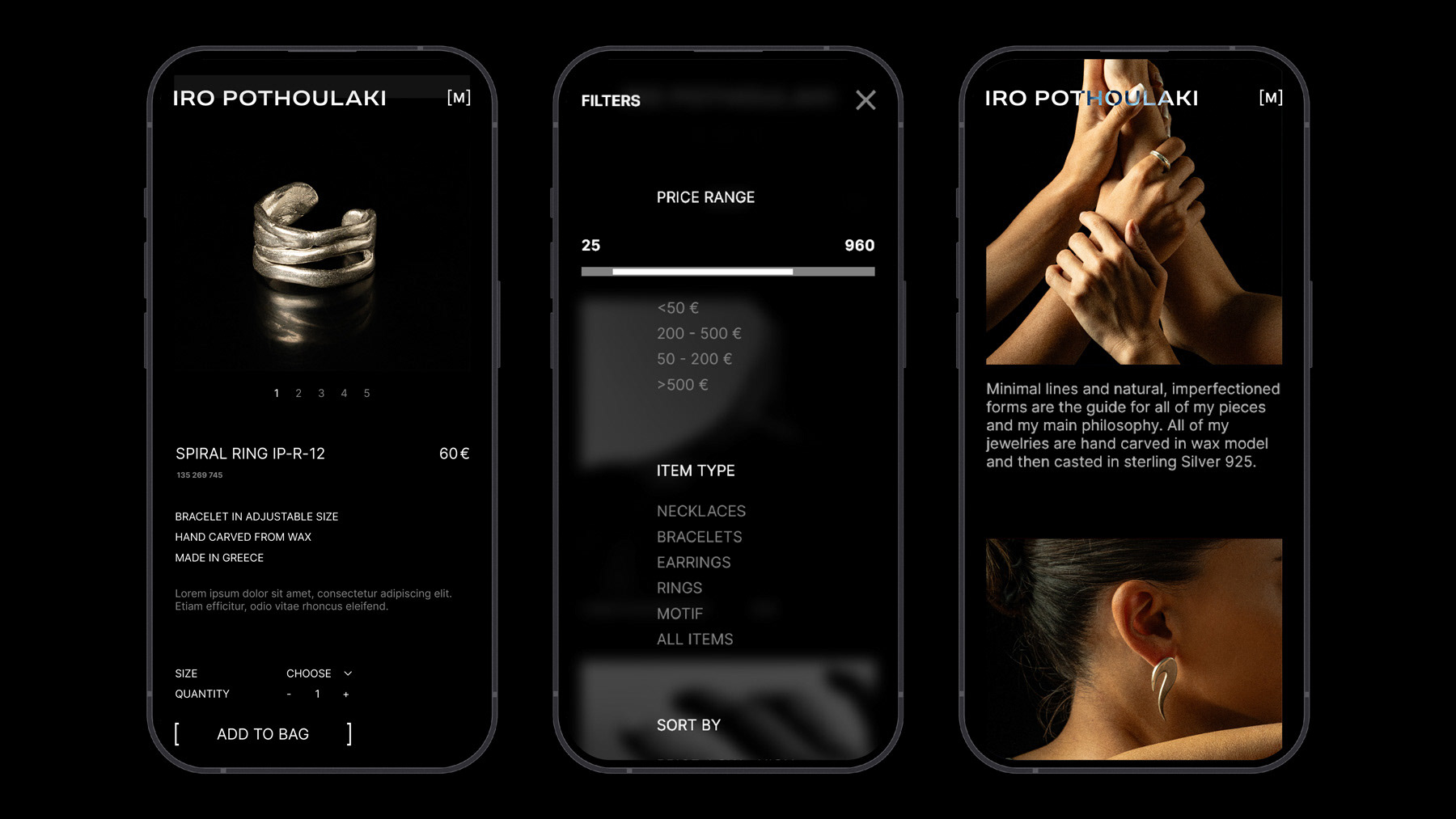 Iro Pothoulaki silver 925 jewelry responsive mobile website showing the product page, filters and about section