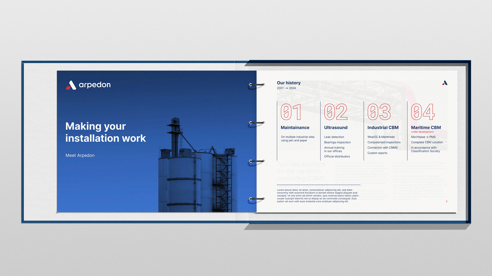 An open horizontal binder in the brand identity of Arpedon, an engineering industry 4.0 company in Greece. The binder contains a custom design presentation template.