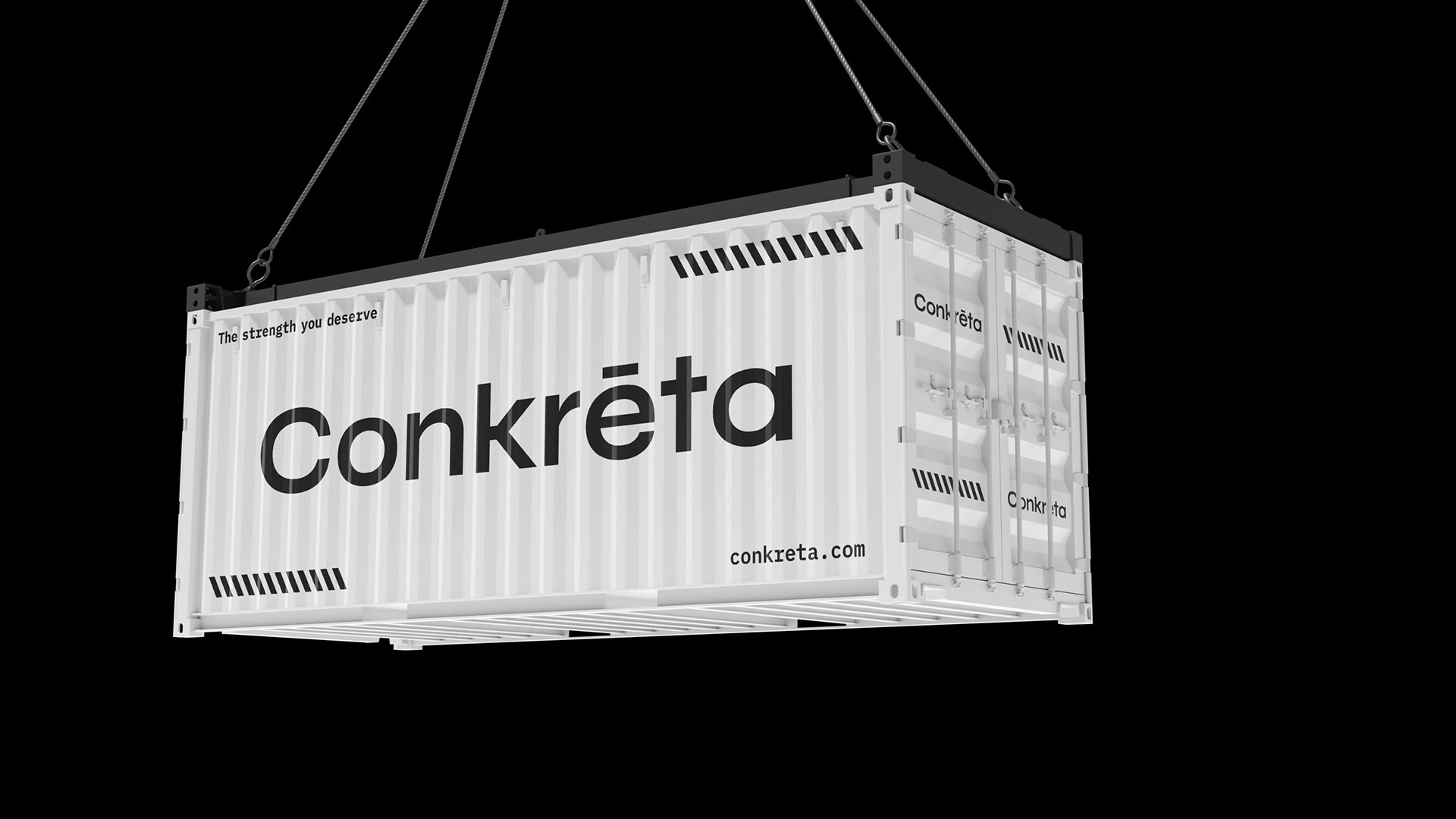 A white container with the Conkreta logotype, slogan and website.