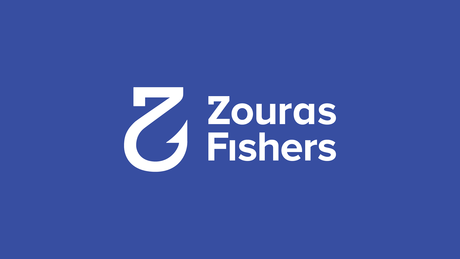 Zouras Fishers wild fish trader logtype over a blue background. The Z letter becomes a fish hook at the bottom section.