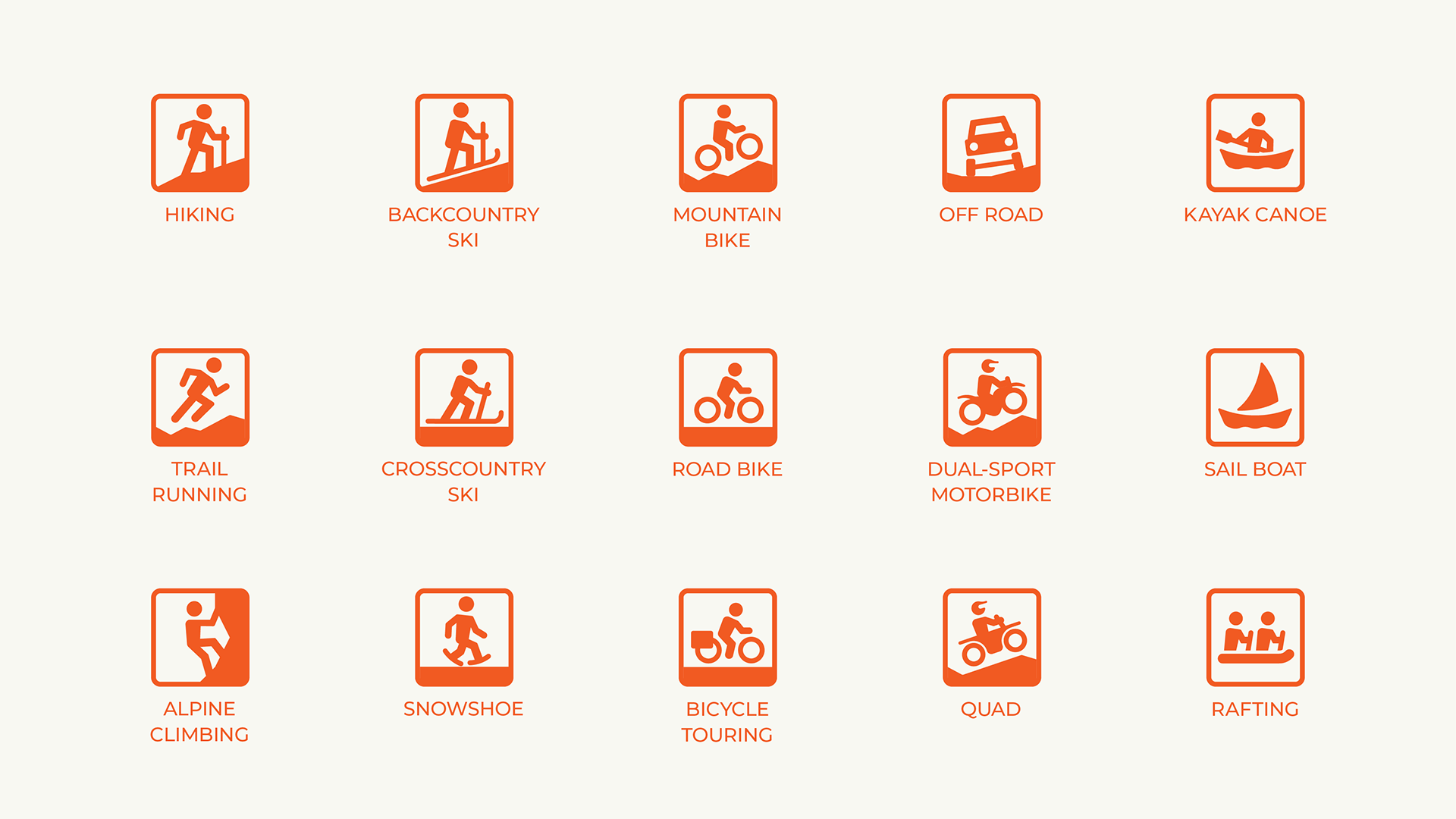 TYTO icon set design for outdoor activities. The icons show hiking, trail running, alpine climbing, backcountry ski, crosscountry ski, snowshoe, mountain bike, road bike, bicycle touring, off road, dual-sport motorbike, quad bike, kayak canoe, sail boat and rafting.