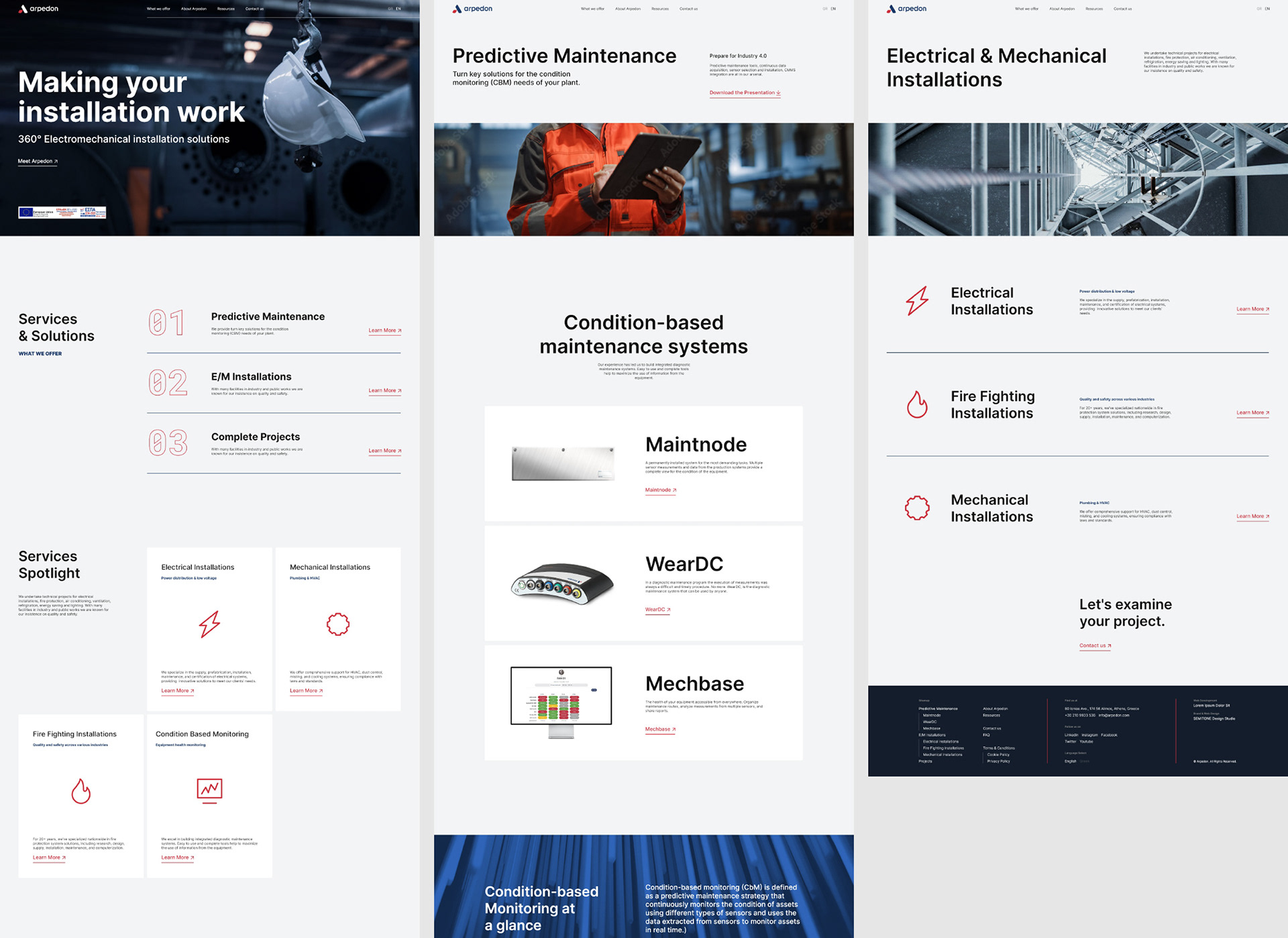 Website showcase for Arpedon, an engineering industry 4.0 company in Greece. Three pages are shown in their full lenght showcasing the typography, layout and images. Duotone images are used as supportive graphics.