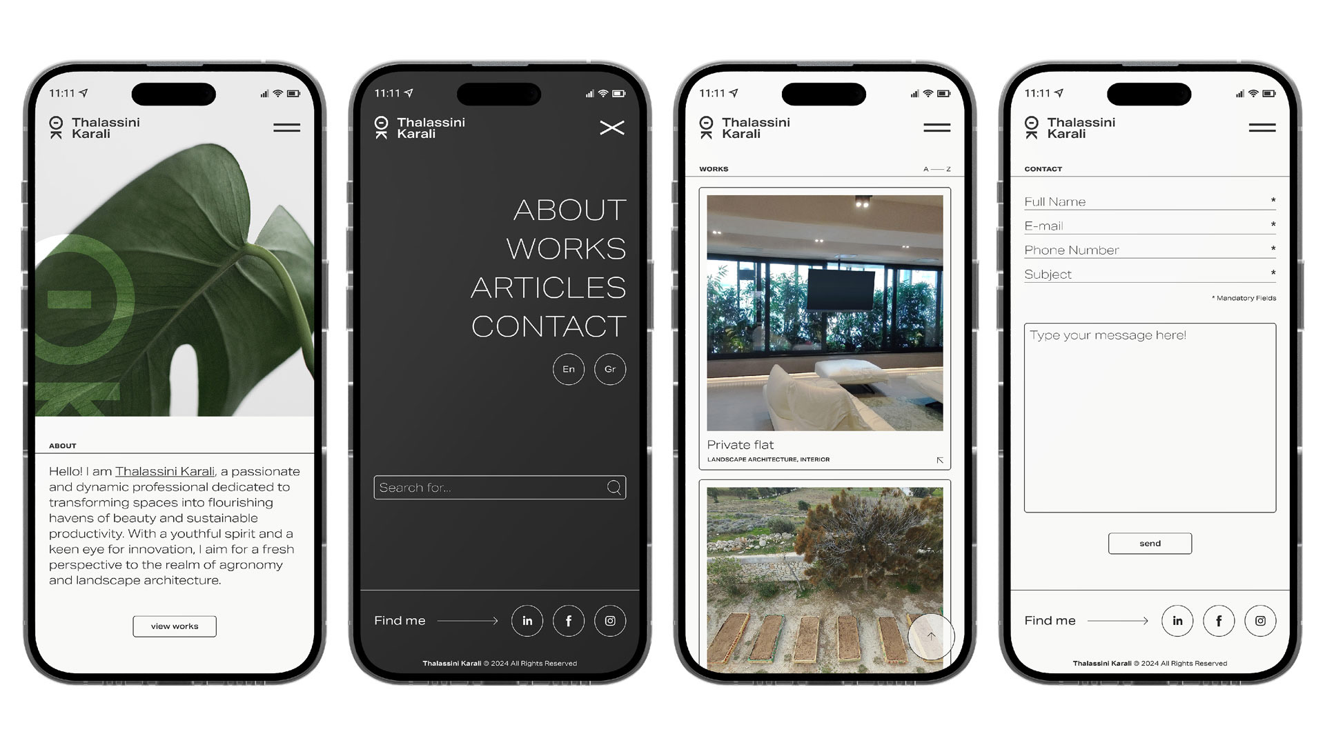 Four mobile devices next to each other showcasing the website design for agronomist and landscape architect, Thalassini Karali. The first page showcases an image along with some text in the about section. The second device showcases the open menu design which is dark in color and also includes a search bar and social media. The third is the complete projects page, which appear in a grid and have a hero image. The final device displays the contact form in its section. All feature a header with the logotype and burger menu.