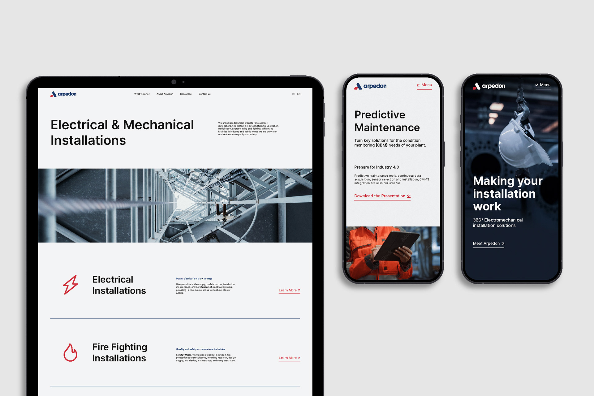 Tablet alongside two mobile devices showcasing the website of Arpedon, an engineering industry 4.0 company in Greece. The sections they show are the homepage, services and predictive maintenance page.