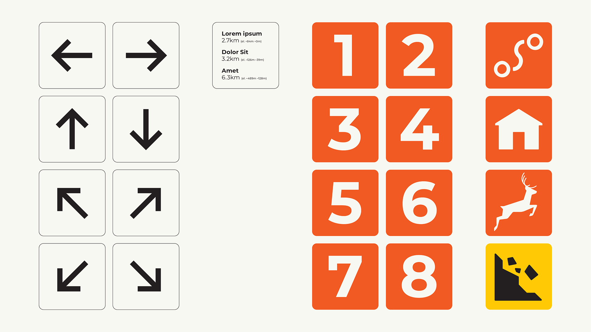 The TYTO hiking signage system showcased in flat graphics. All signs are square, direction arrows and distance information plates are in warm white. Trail numbers, connective trails and points of interest are in orange. Signs that idnicate danger ar in yellow.