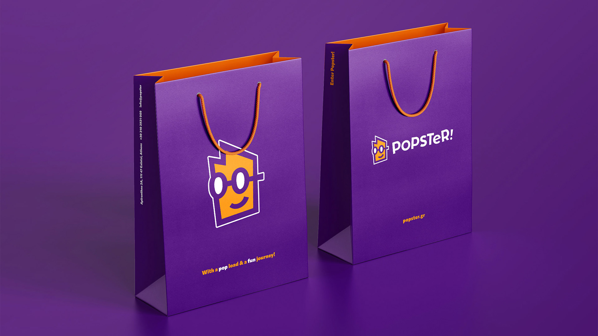 Popster branded bags featuring the logo, website, a slogan and contact information. Both bags are in the brand colors, with a different interior and exterior color.