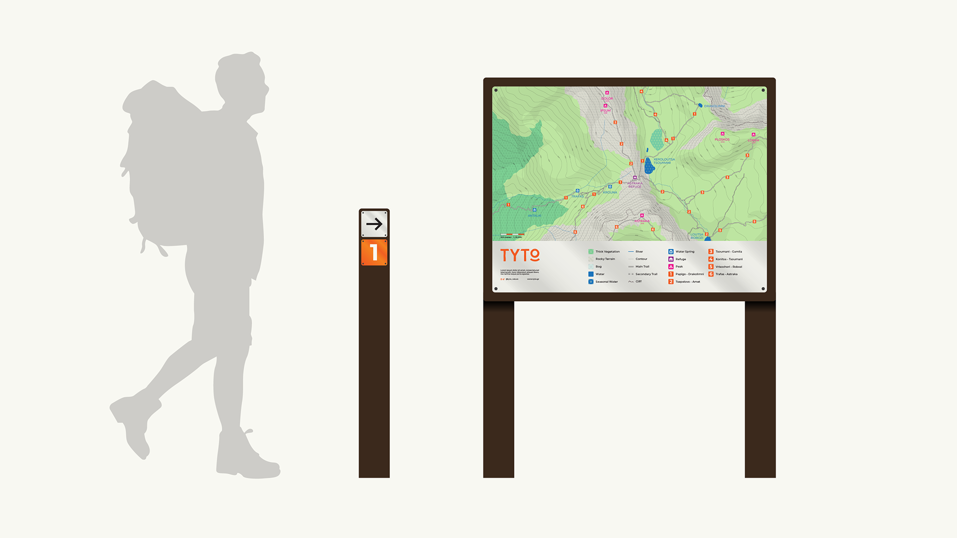 TYTO hiking outdoor signage showcase. A wooden pole that features a warm white metal plate with a direction arrow and an orange plate that indicates the trail number. A wooden board is also shown on which a large metal plate is fixed showing the topographic map of the location and a legend. The map is designed in the brand of TYTO. The silhouette of a hiker is next to both the pole and map, to indicate the size of the objects. The map is as tall as a person and the pole half as tall.