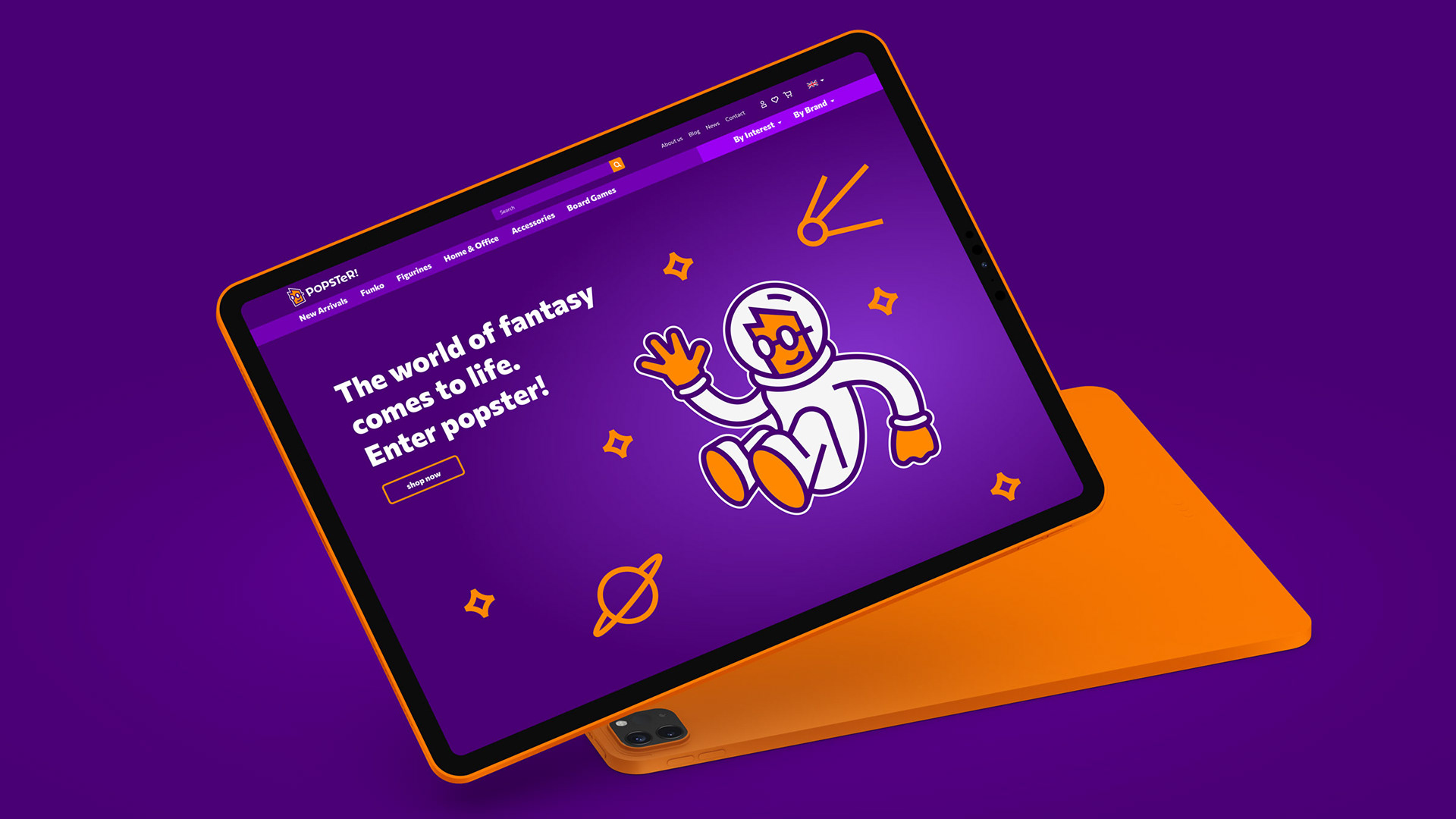Popster e-commerce website homepage, showing the hero section design, on a tablet.