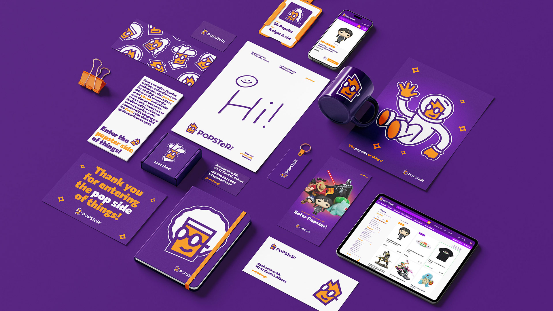 Popster's stationery system. It is adorned with the purple, orange and white brand colors and features the brand's illustrated mascot. The stationary includes a variety of elements such as letterhead, notebook, mug, folder etc.