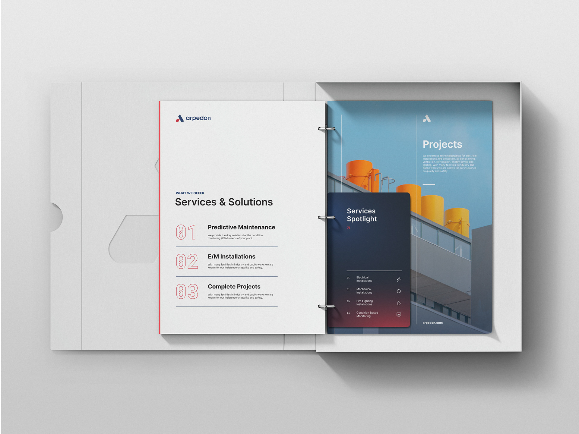 Set of brochures, leaflets and printed material of Arpedon, an engineering industry 4.0 company in Greece. All brochures are placed in envelope in the brand colors of arpedon and feature the logotype, inter font and line design element.