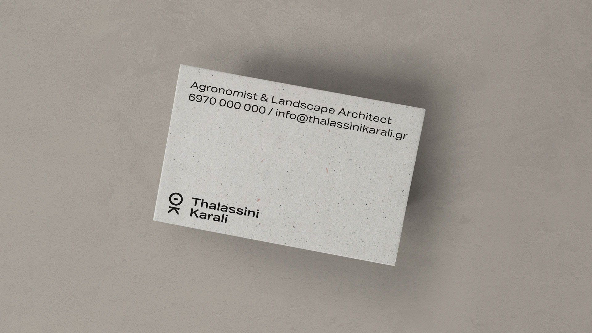 Thalassini Karali agronomist and landscape architect professional business card made from recycled paper. It features the job title, telephone number, e-mail and initials logotype.