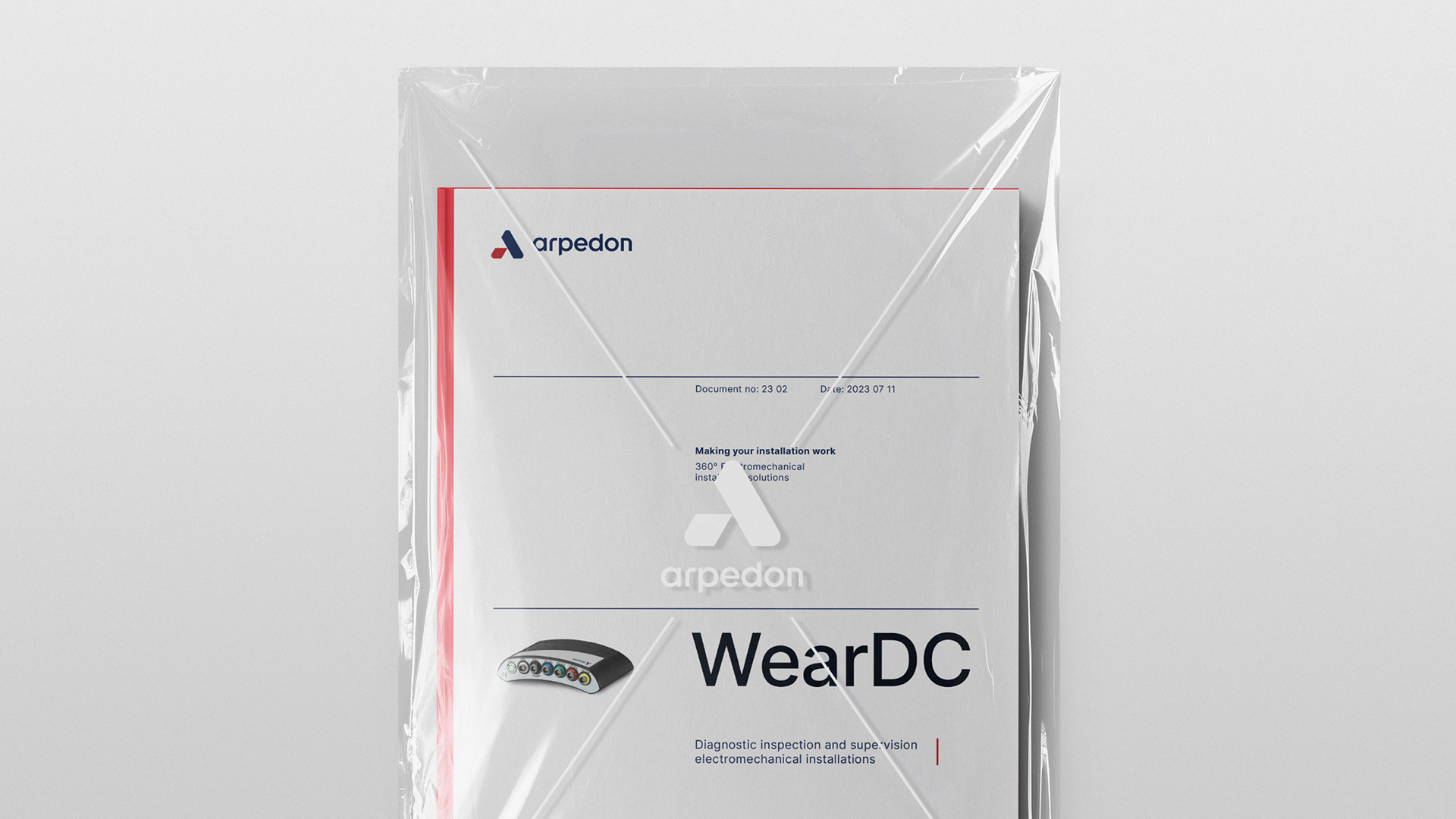 Product manual for Arpedon, an engineering industry 4.0 company in Greece. The brochure is placed in a transparent folder featuring the Arpedon logotype in white ink.