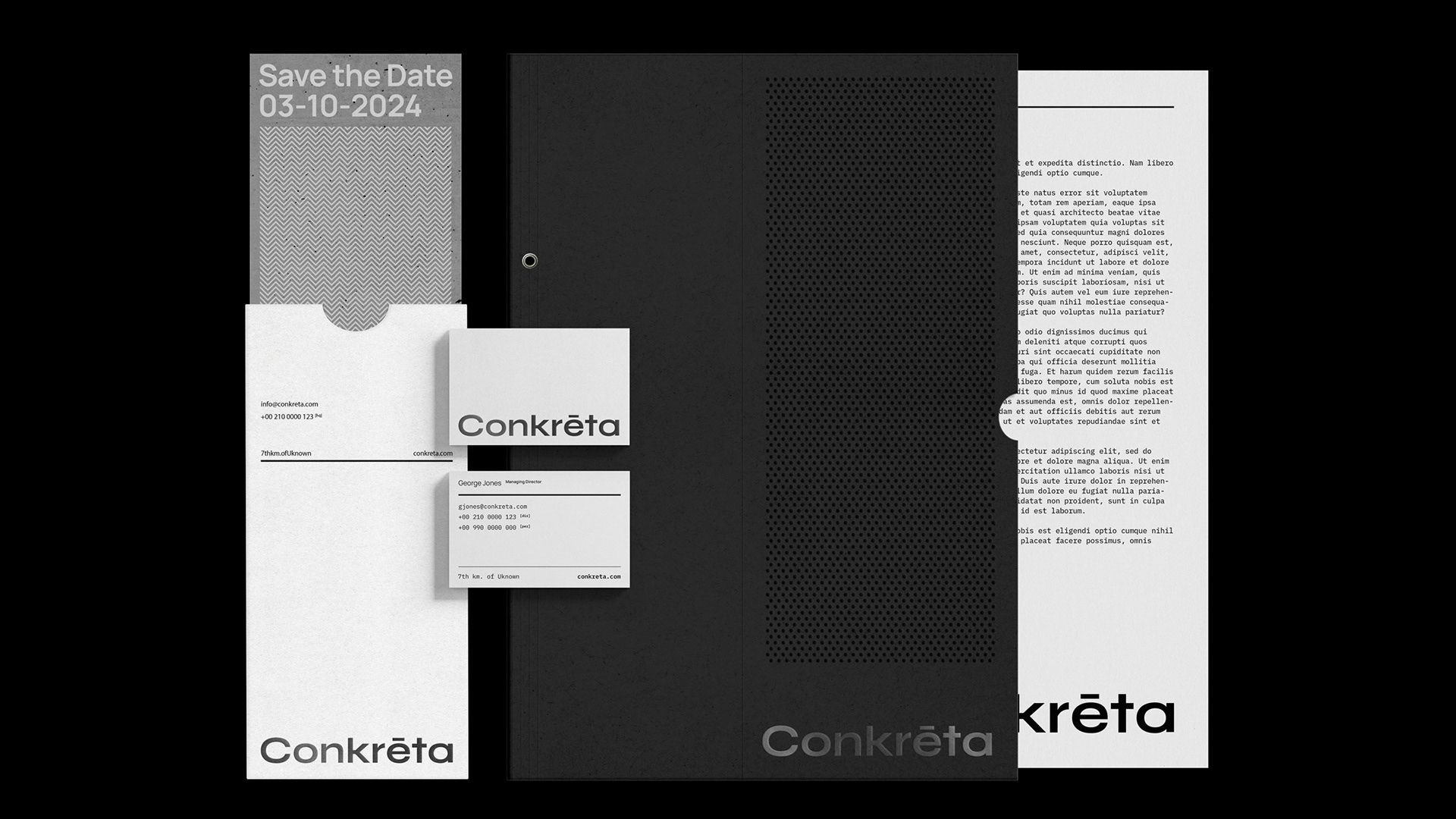 Conkreta stationery system adorned with the illustrations, typoraphy and layout of the brand. It includes an envelope, folder, business cards, letterhead and a custom designed invitation.