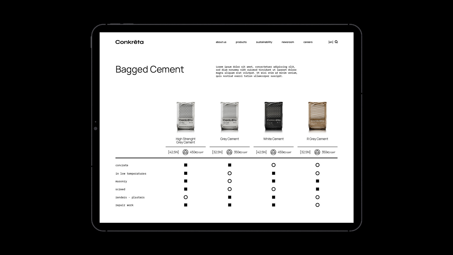 Conkreta website on a tablet, in the page that showcases the product characteristics through a matrix.