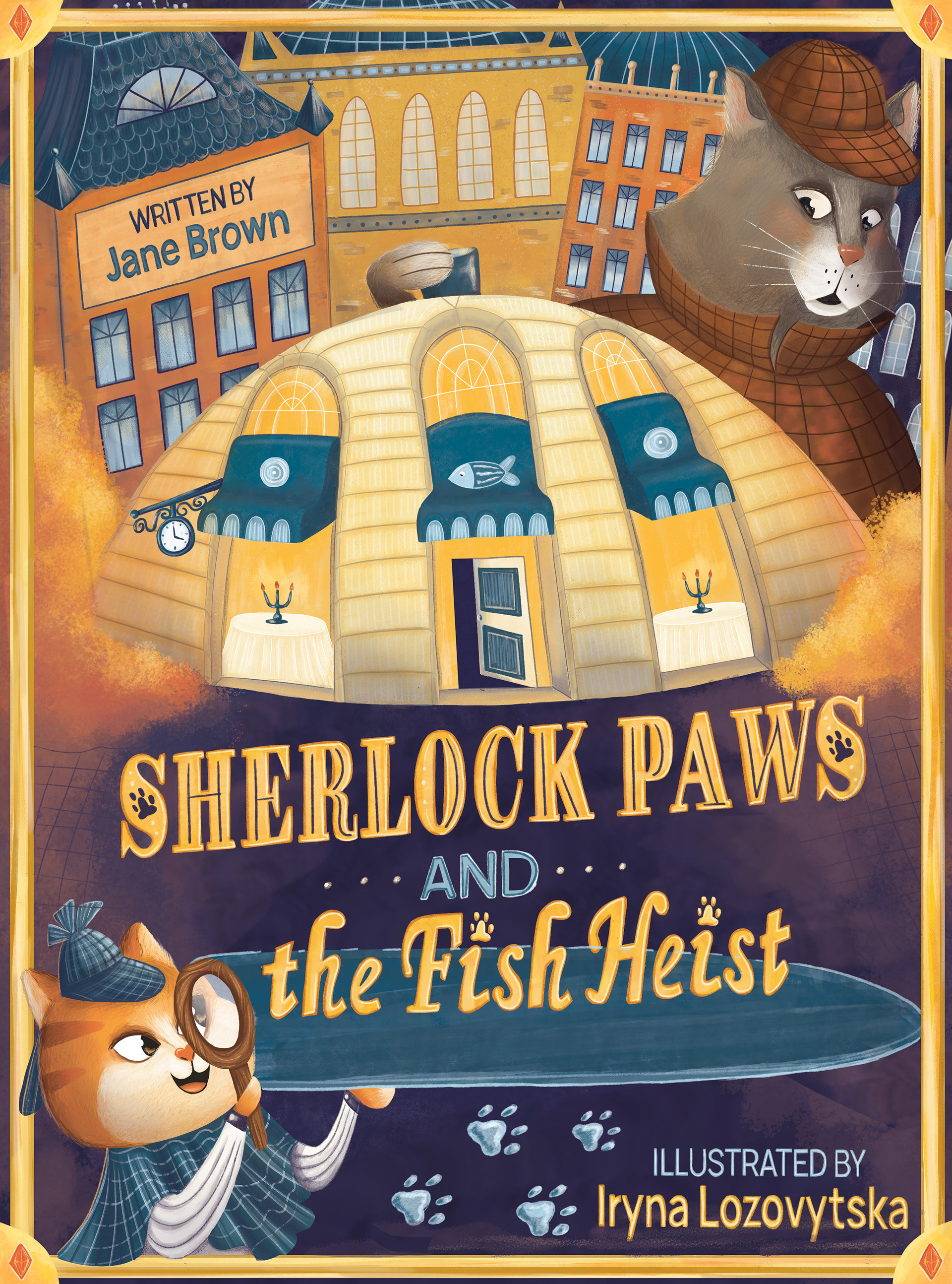 Book cover illustration for a middle grade detective novel for kids, featuring Sherlock Holmes and his niece depicted as cats
