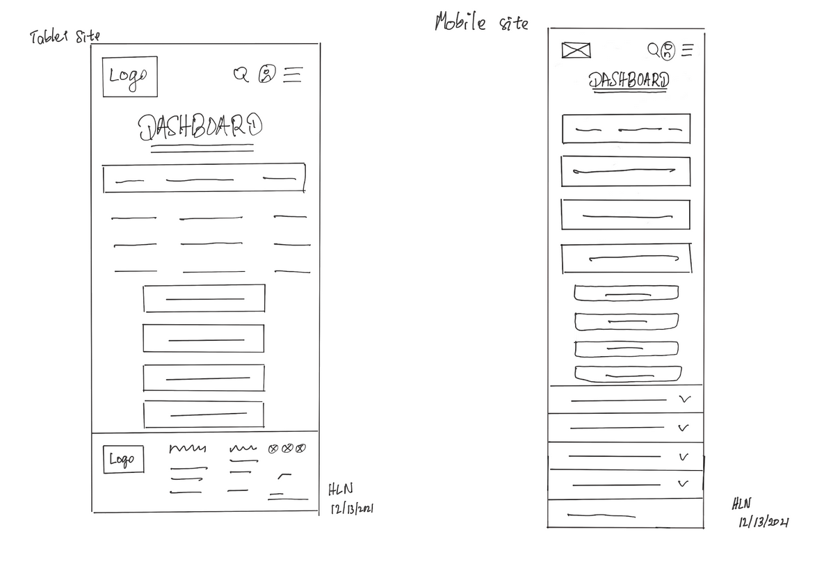 Paper wireframe with screen size variations - tablet and mobile