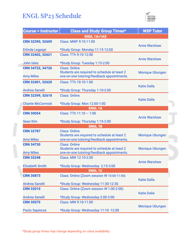 English Class Schedule Spring 23