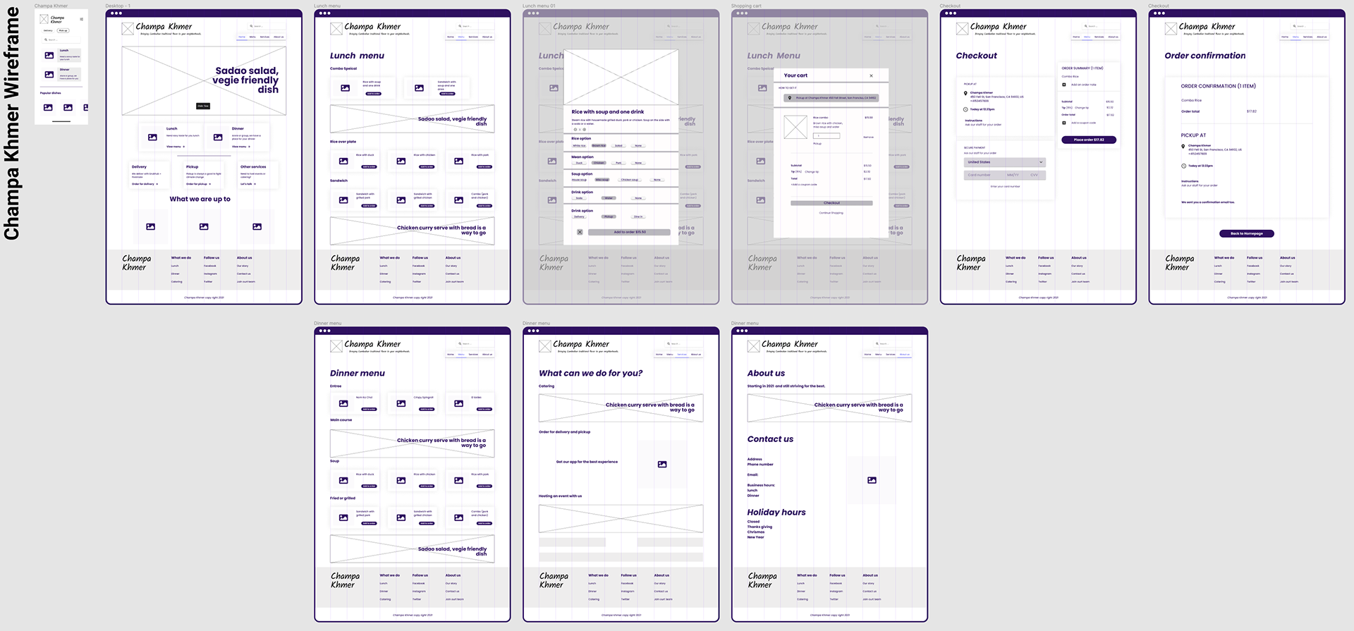 Champa's wireframe for checkout process and homepage