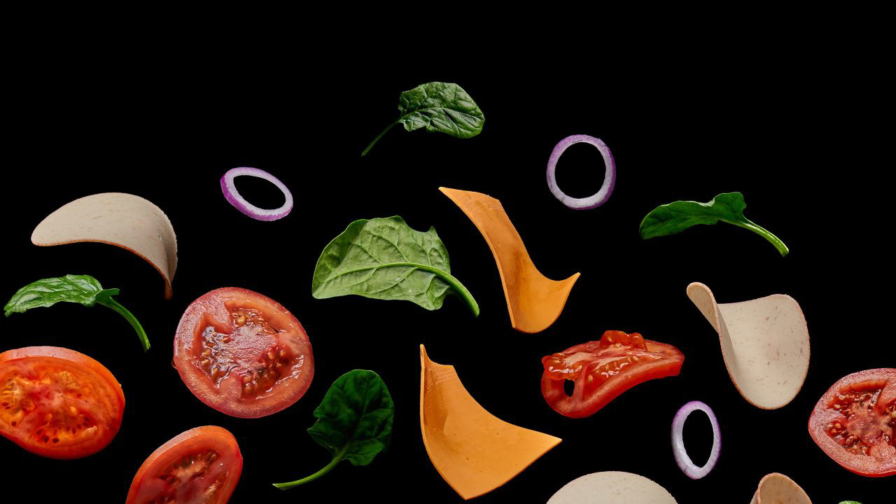 Appealing studio food photograph of fresh, colorful ingredients levitating, capturing texture and detail for food product marketing.
