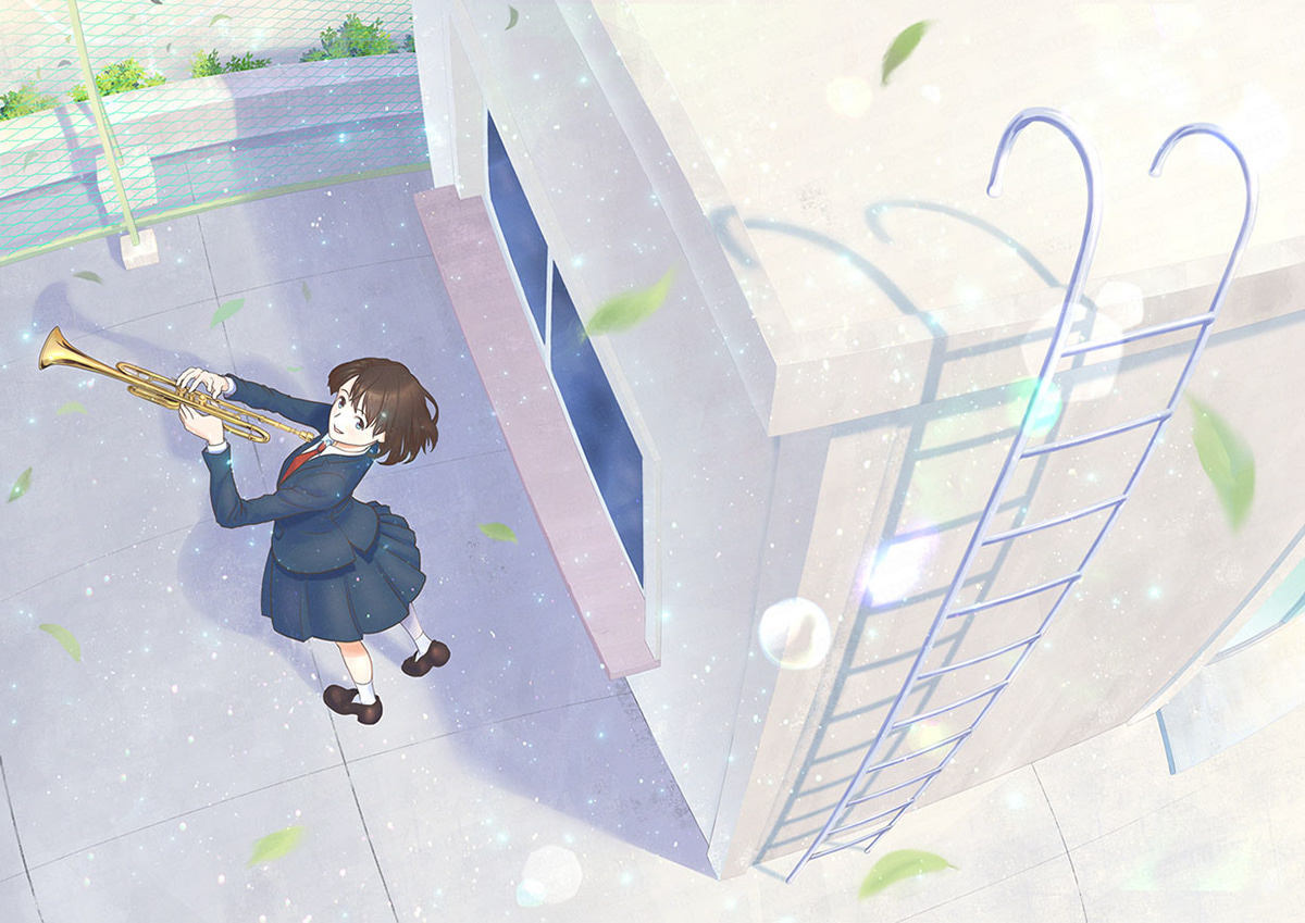 「学校の屋上にいる吹奏楽部」