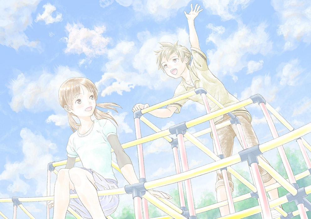 同左、通学・生活のシリーズ、「昼休み」。他の絵（中学生等）と意図的に絵柄を変えた、水彩タッチ。