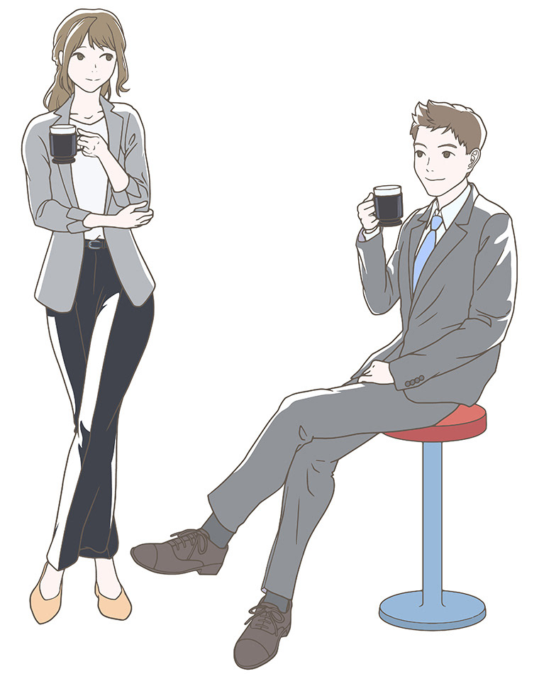 オフィスでコーヒー休憩をするビジネスマン、男女（カラー）