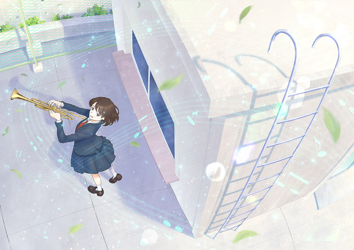 「学校の屋上にいる吹奏楽部」