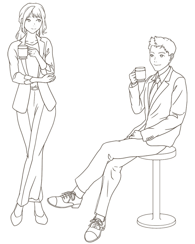 オフィスでコーヒー休憩をするビジネスマン、男女（モノクロ）