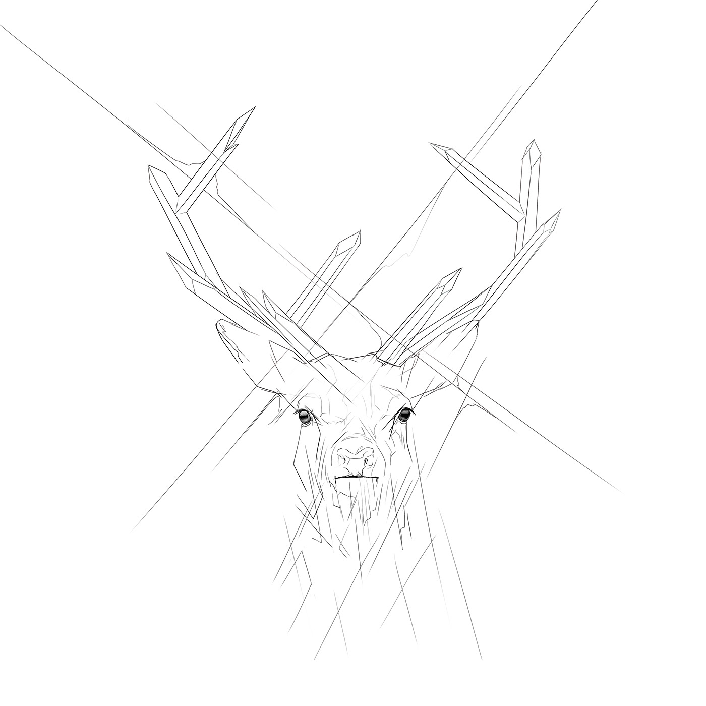original drawing of a poster design illustrating a deer with red glowing horn as crystals