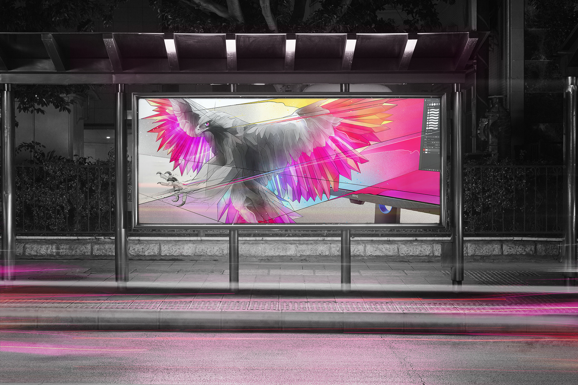 colorful crystal design illustrating a winged eagle glowing rainbow coming out of a screen in a mock-up