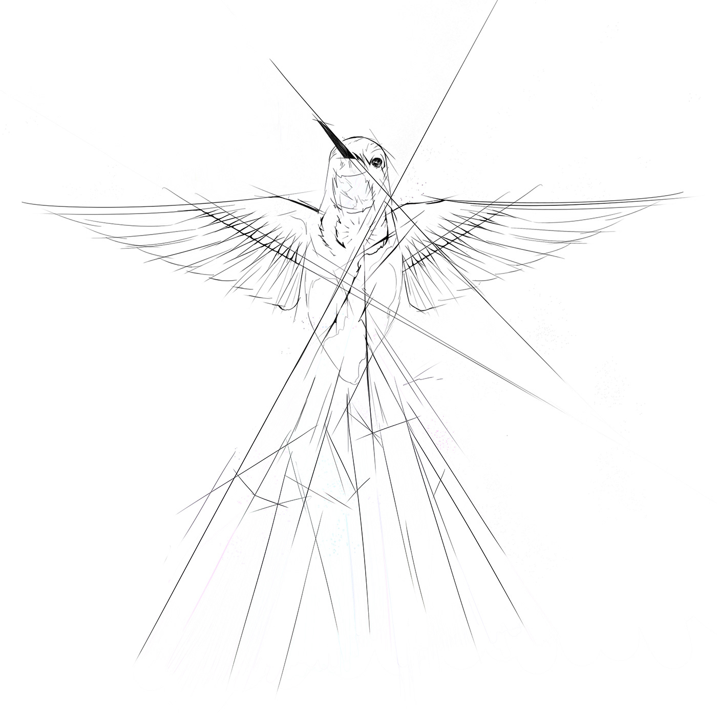 original drawing of a poster design illustrating a hummingbird with glowing colorful crystal feathers