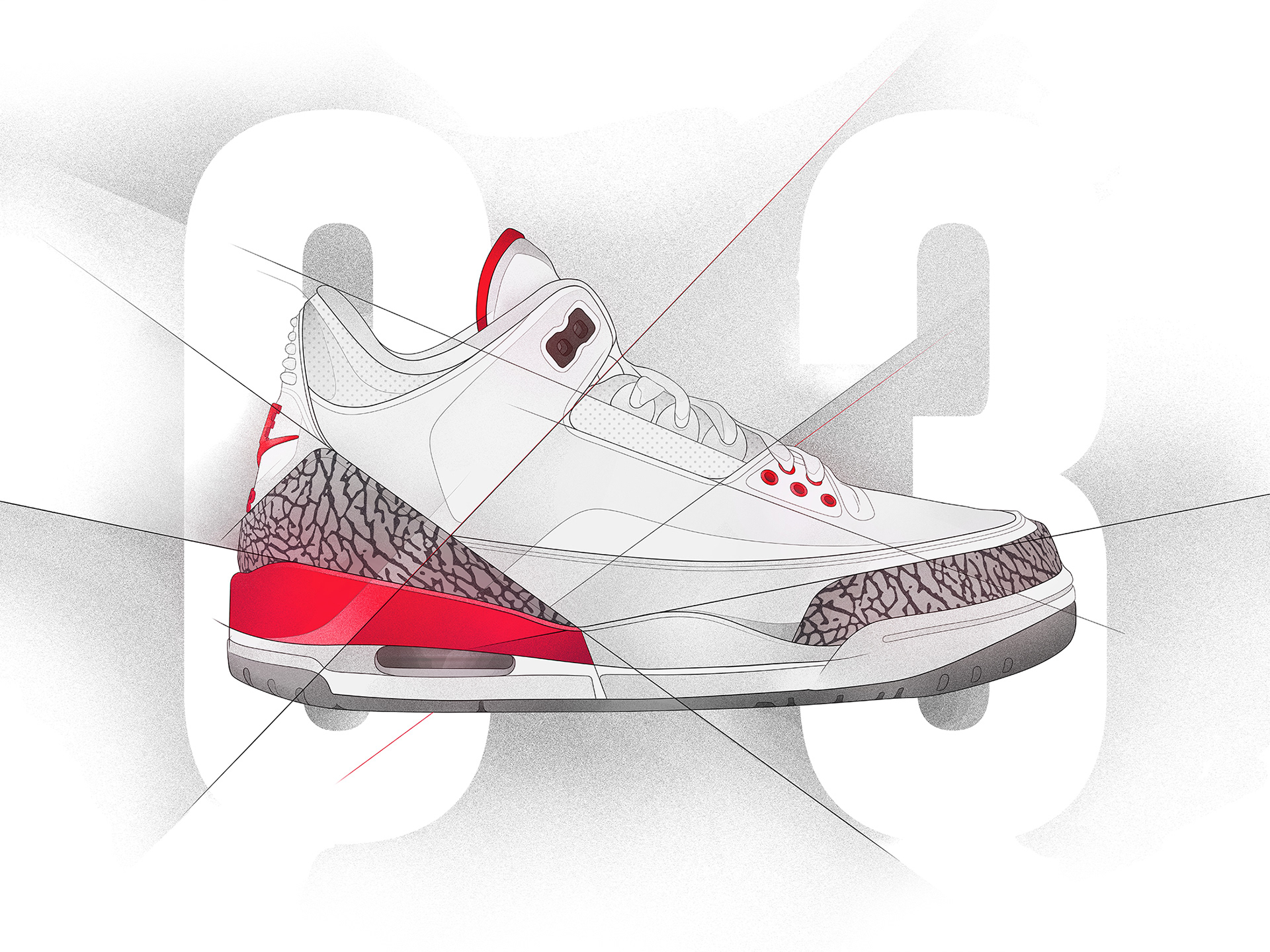 strong constrast poster design illustrating a nike air jordan 3 with grunge black and white background