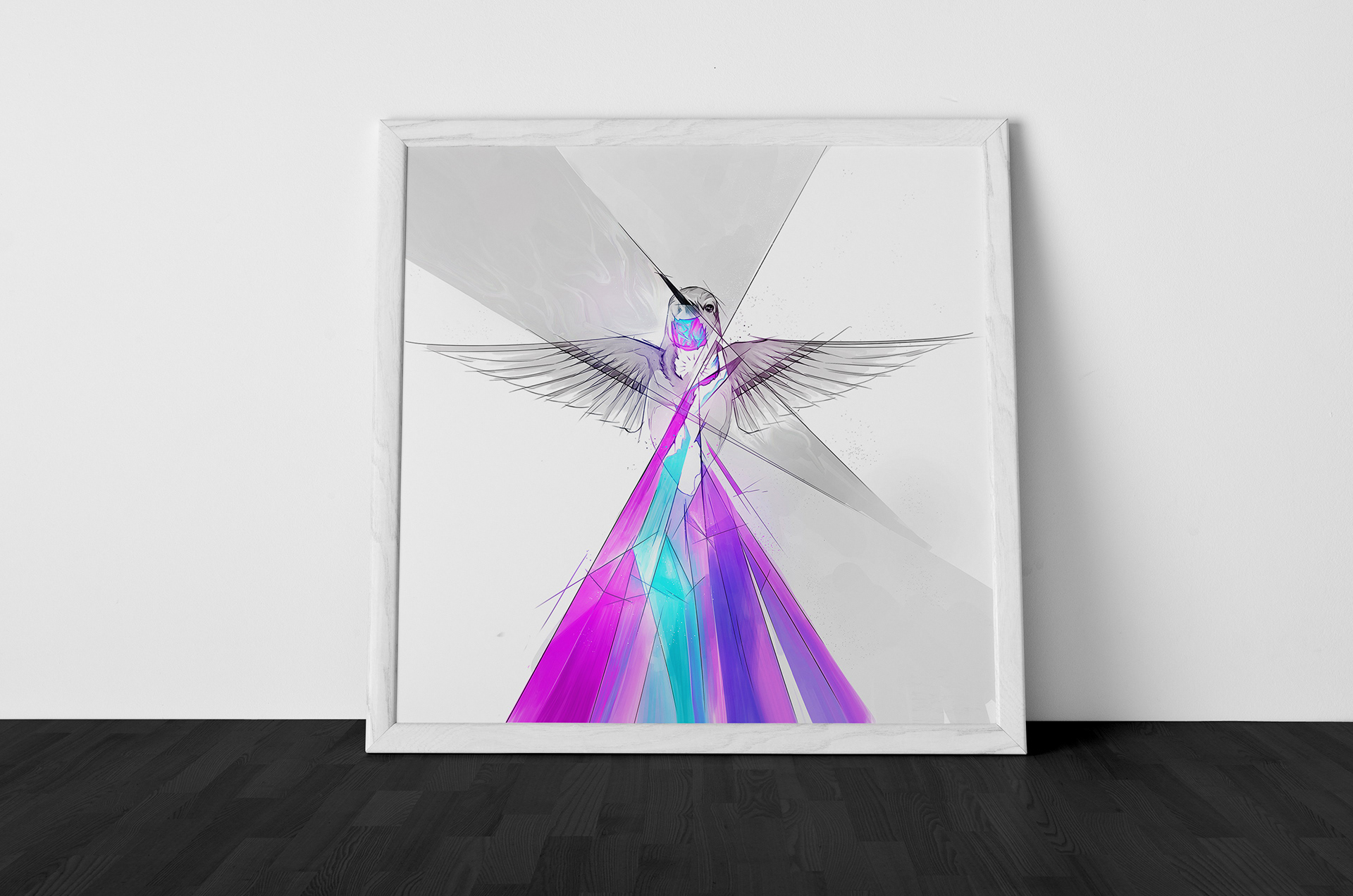 print mock-up poster design illustrating a hummingbird with glowing colorful crystal feathers